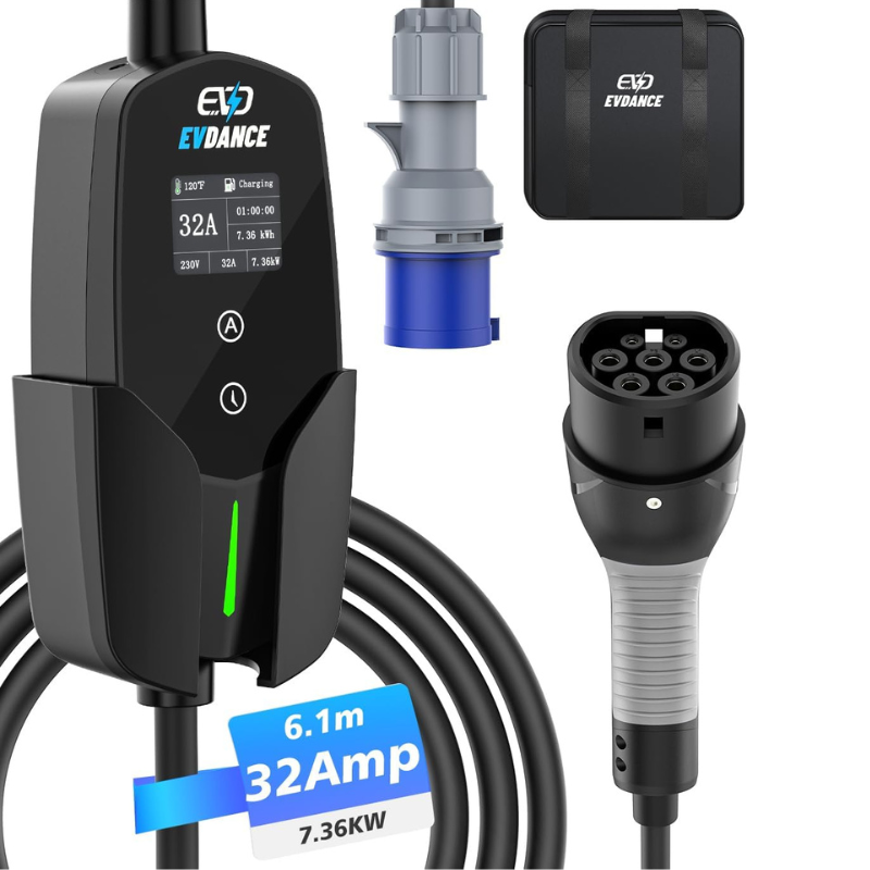 Portable Ev Charger 32A Type 2 Cee Plug - Evdance-oledディスプレイ付き電気自動車充電器,32a,タイプ2からceeプラグ,ev充電器,7.36kw,1相,20フィートケーブル,iec 62196-2
