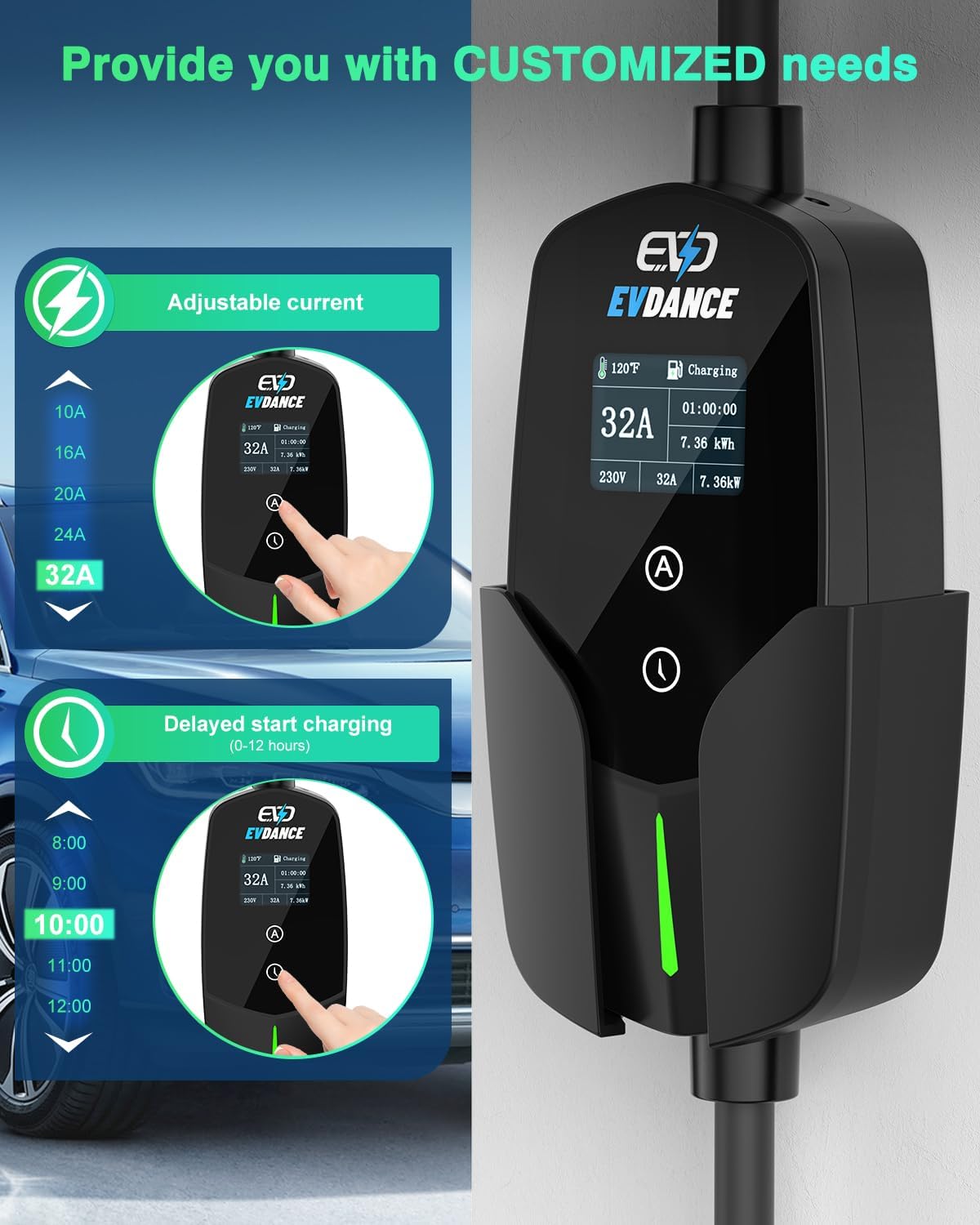 Evdance-oledディスプレイ付き電気自動車充電器,3 - Portable Ev Charger 32A Type 2 Cee Plug のレビューと価格
