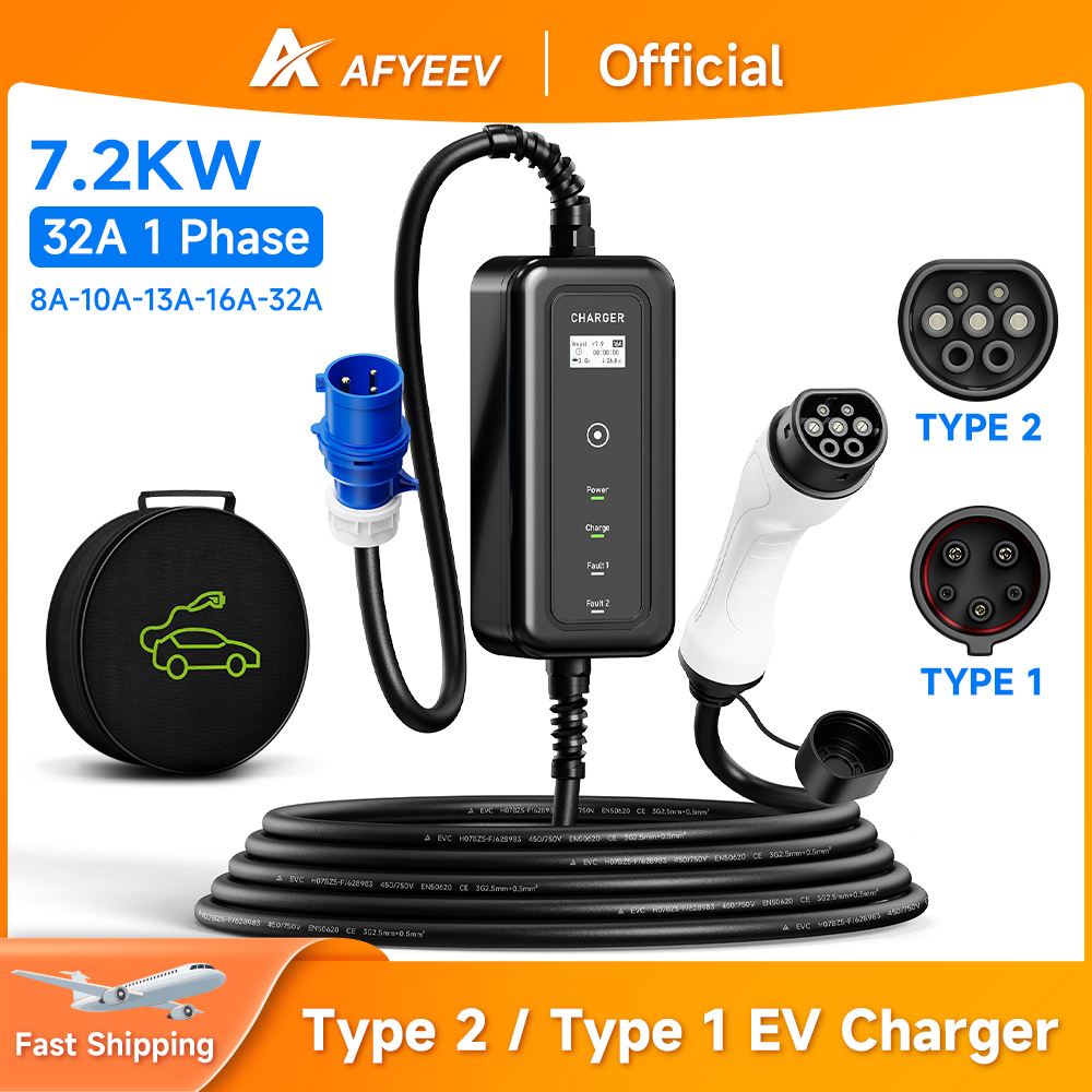 Afyeev-電気自動車用ポータブルEV充電器,ウォールボッ - Portable Ev Charger 32A Type 2 Cee Plug のレビューと価格